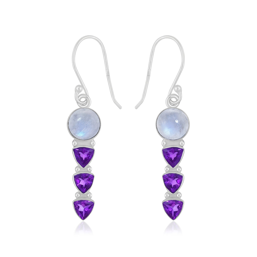 Natural Moonstone Rainbow Cabochon & Amethyst Cut Earrings