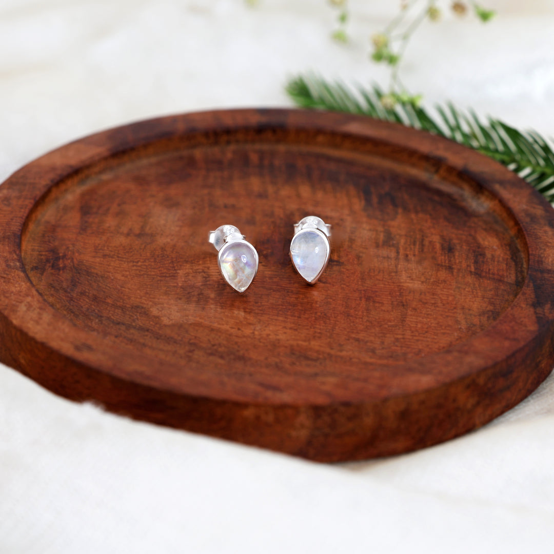 Natural Moonstone Rainbow Studs (Rhodium Plated)