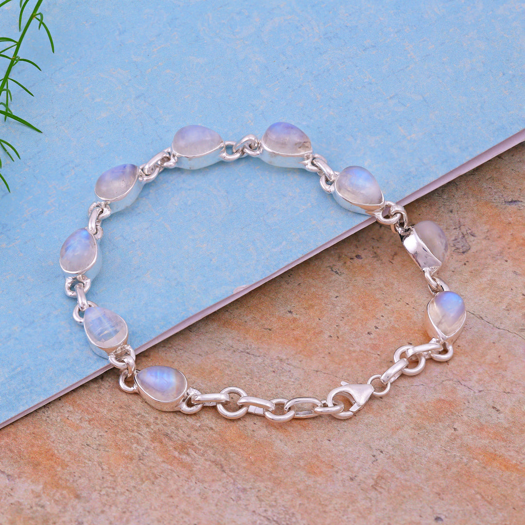 Natural Rainbow Moonstone Cabochon Bracelet
