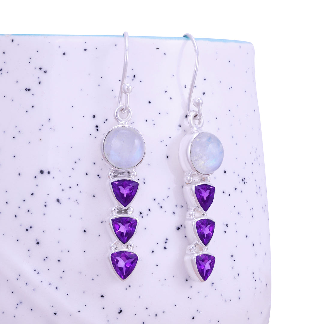 Natural Moonstone Rainbow Cabochon & Amethyst Cut Earrings