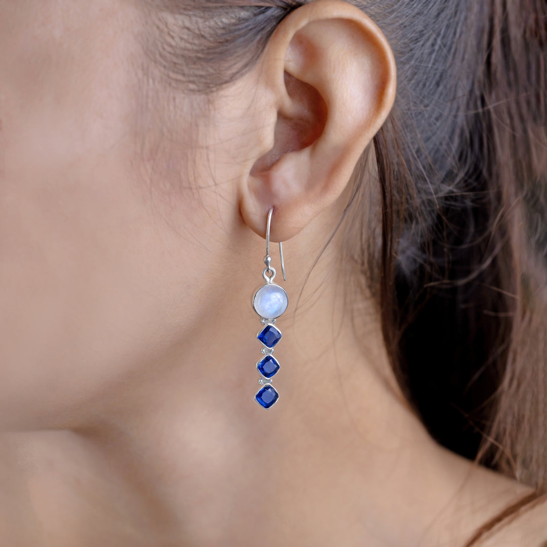 Natural Rainbow Moonstone Cab & Tanzanite Cut Earrings