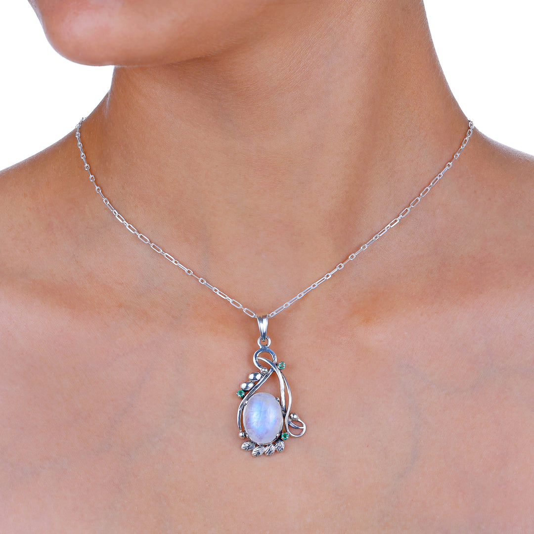 Natural Rainbow Moonstone Rainbow Cab & Emerald Cut Pendant