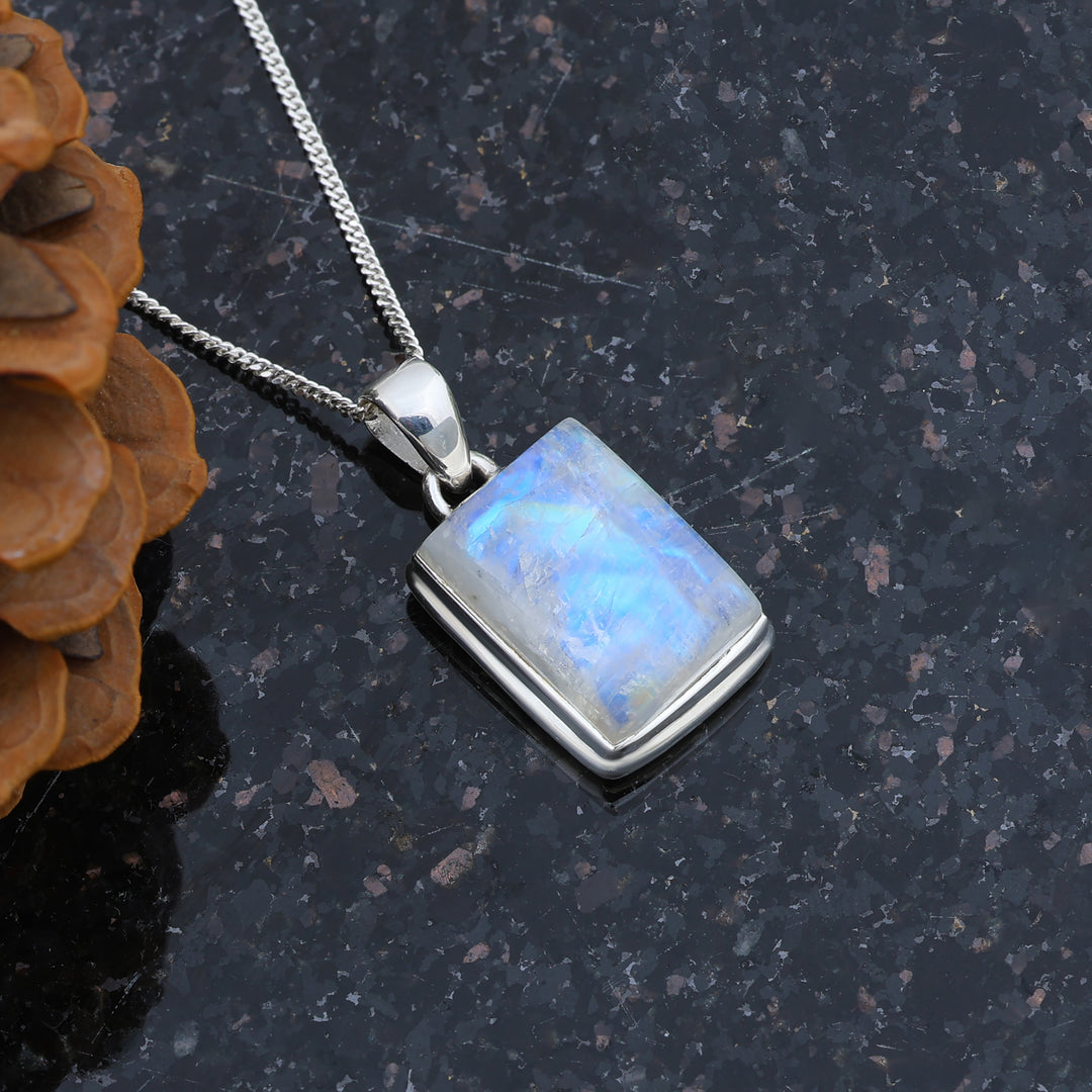 Natural Moonstone Rainbow Cushion Cabochon Pendant