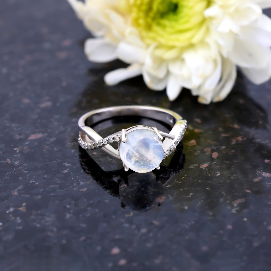 Natural Rainbow Moonstone Cabochon Ring