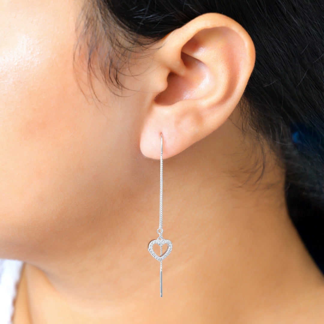 Heart Threader Earrings (Rhodium Plated)