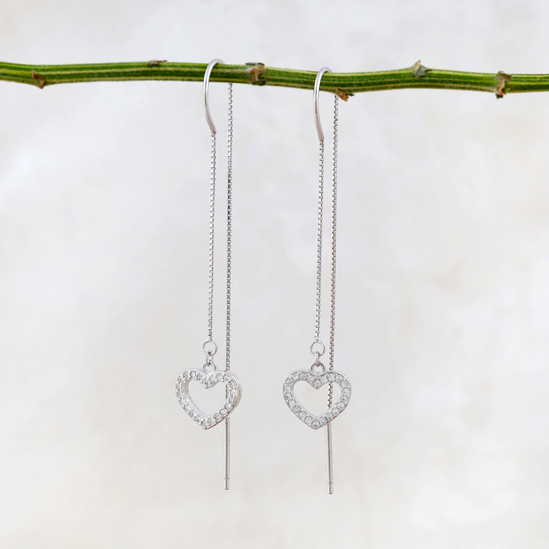 Heart Threader Earrings (Rhodium Plated)