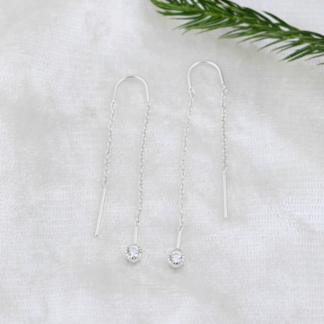 Zircon Drop Threader Earrings (Rhodium Plated)