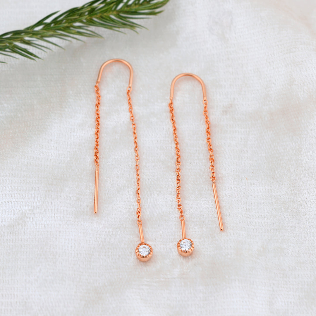 Zircon Drop Threader Earrings (Rose Gold Plated)