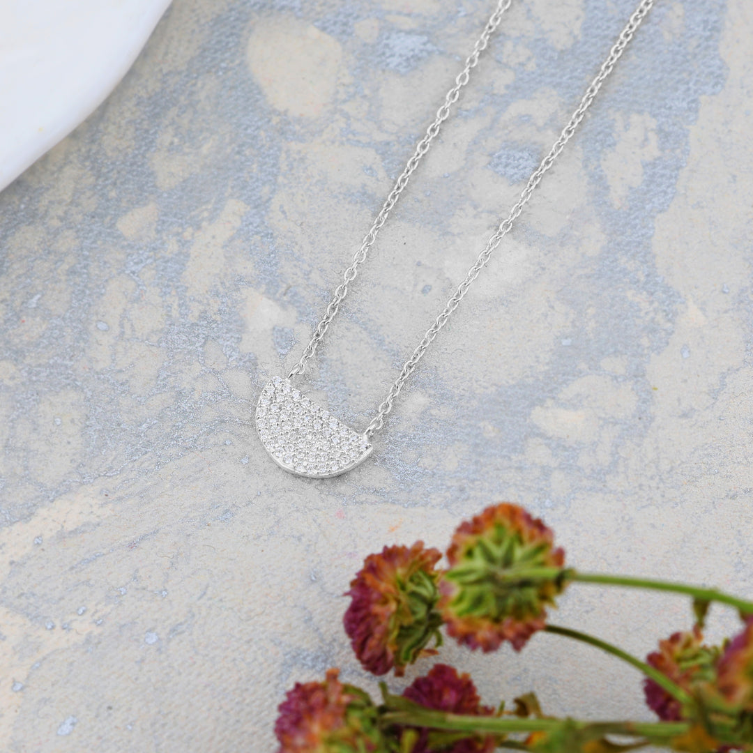 Crescent Zircon Necklace (Rhodium Plated)