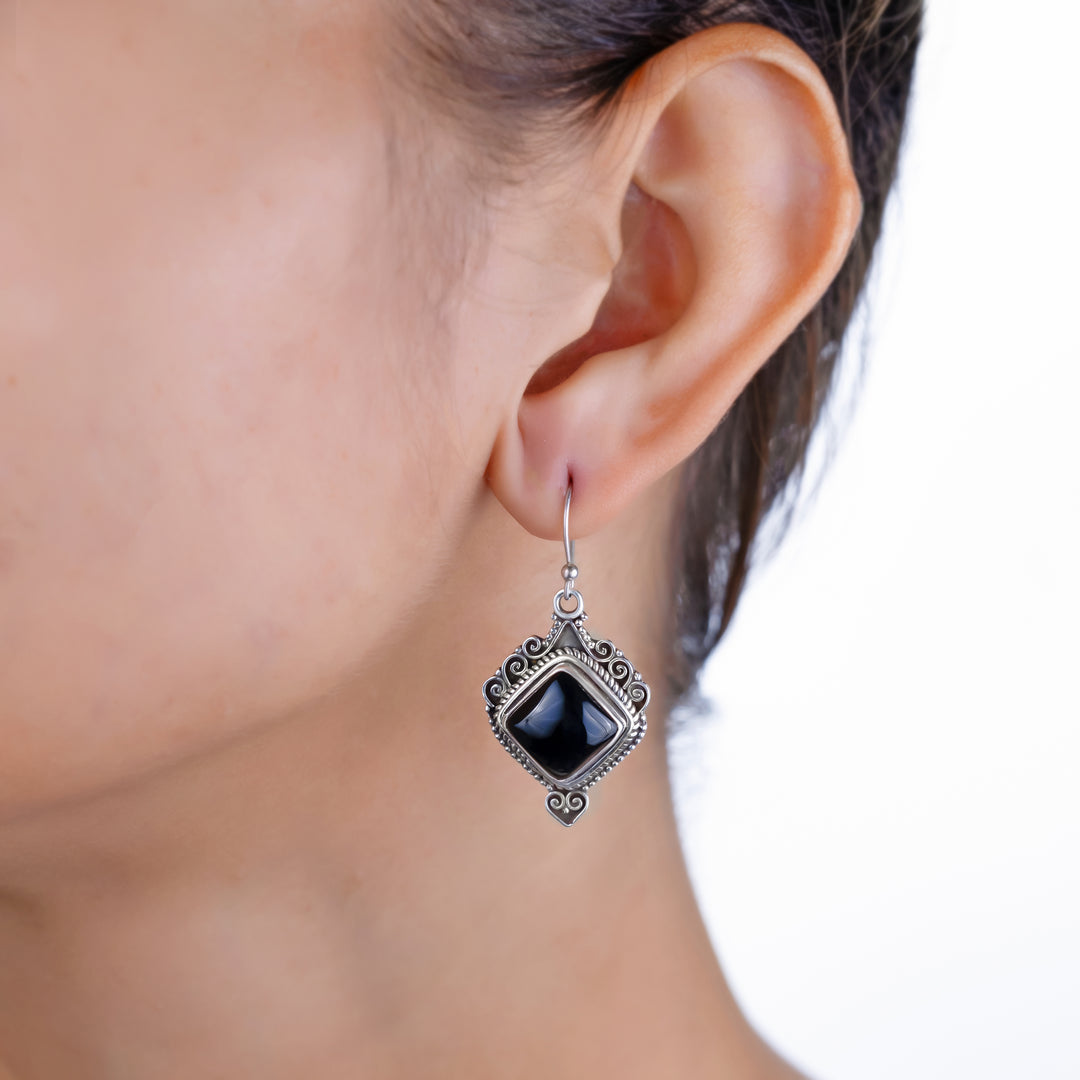 Natural Black Onyx Cab Earrings in 925 Silver